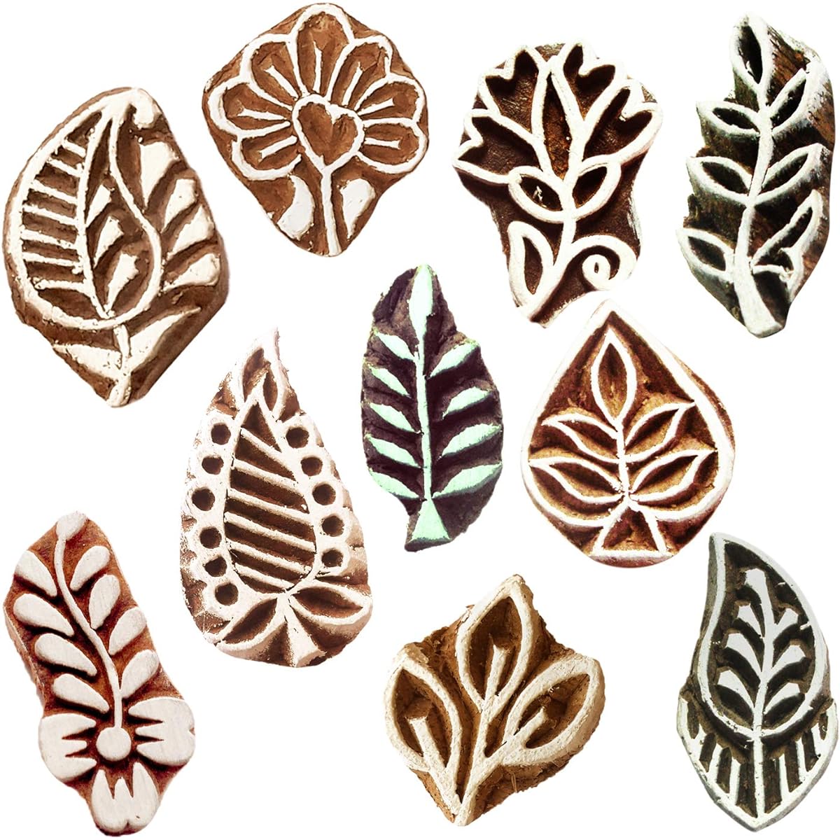 Miniature Handmade DIY Wooden Printing Stamps for Block Printing at Home. Set of 10 Brown Htag2189