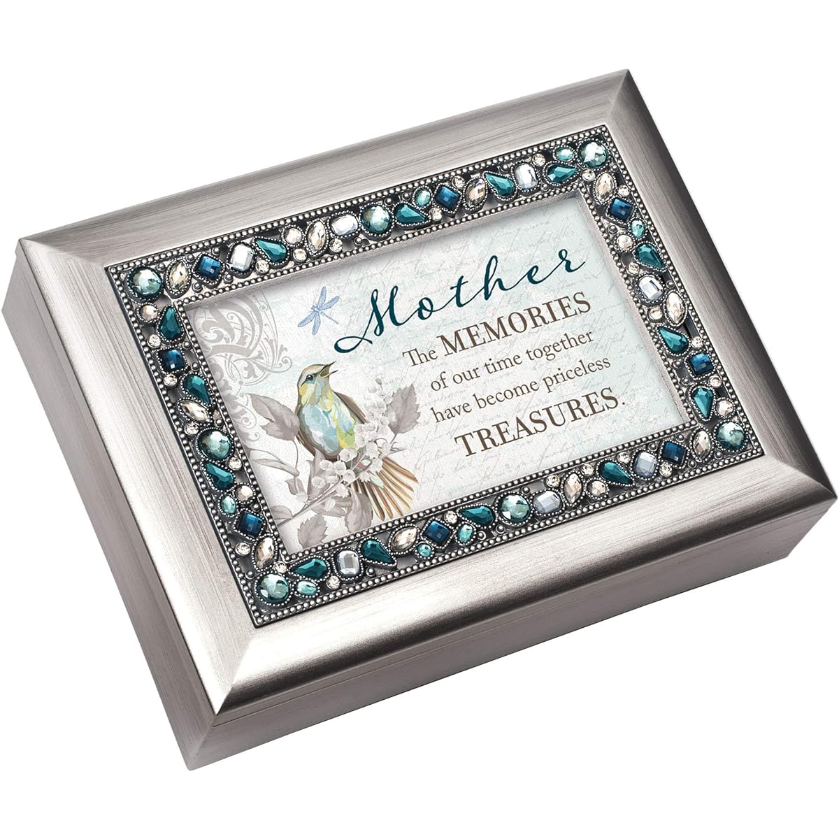 Mother Memories Treasures Brushed Silver Tone Blue Jeweled Music Box Wind Beneath Your Wings