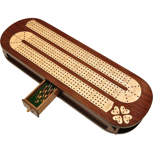 PALM ROYAL HANDICRAFTS 4-Track Wooden Cribbage Board Set with Rosewood and Maple Wood Embedded Pegs and Card Storage, 4-Person Cribbage Board (15 x 5 Inches)