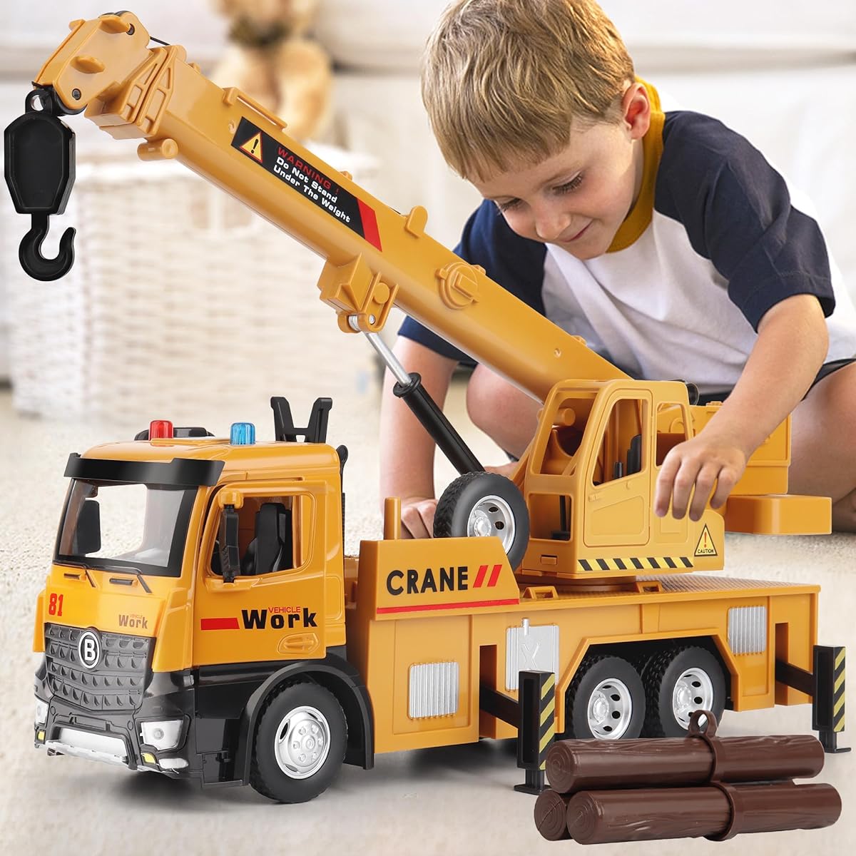 Dwi Dowellin Crane Truck Toy for 3-5 Year Olds Kids with Metal Cab, Kids Toy Car with Lights and Sounds, Toy Truck Gift for Ages 2, 3, 4, 5