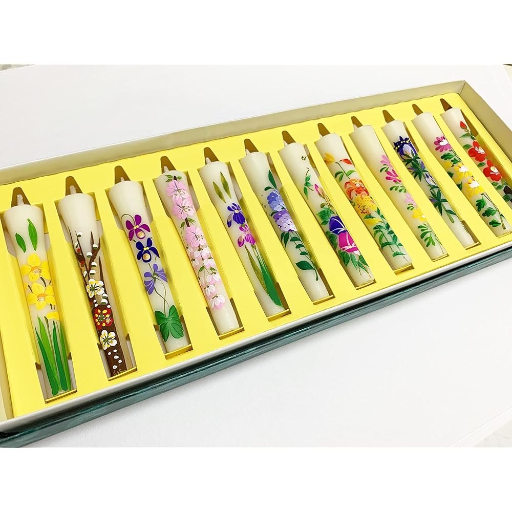 (Packaged item with gift certificate) Awaji Baikundo's hand-painted picture candles, set of 12, seasonal flowers, hand-painted flowers, flower candles, Japanese candles, picture candles, 12 months Offering #3064