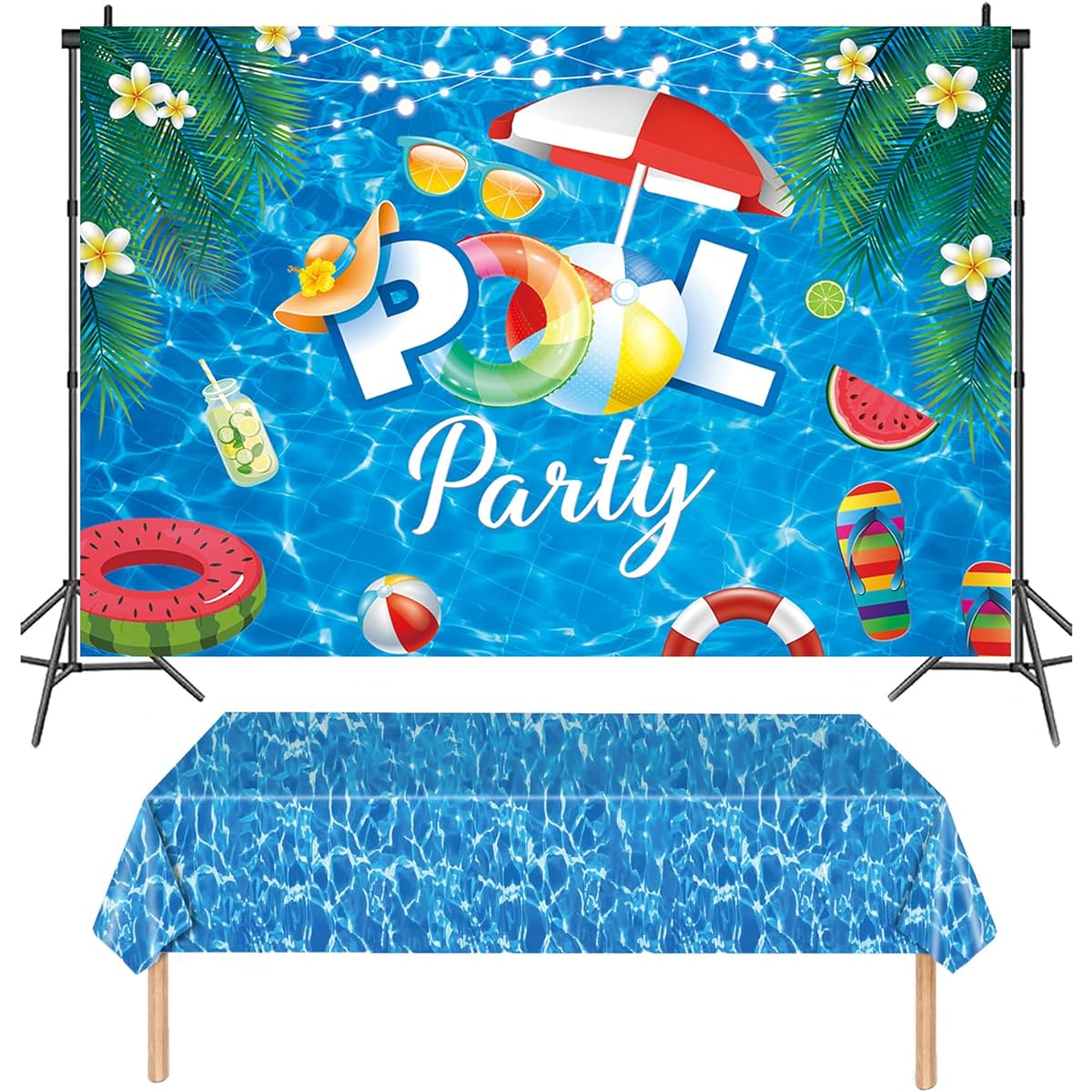 Blue Pool Party Photo Backdrop Tablecloth Set Summer Beach Hawaii Ocean Pool Party Decorations Supplies 2pcs