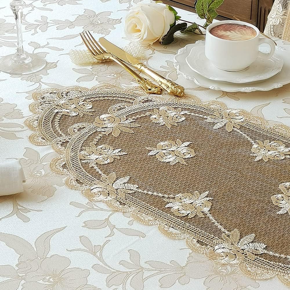 ARTABLE HOME Tablecloth Water-Repellent Jacquard Glossy Elegant Classical Gupeel Lace Dining Table (150x210cm, Champagne)