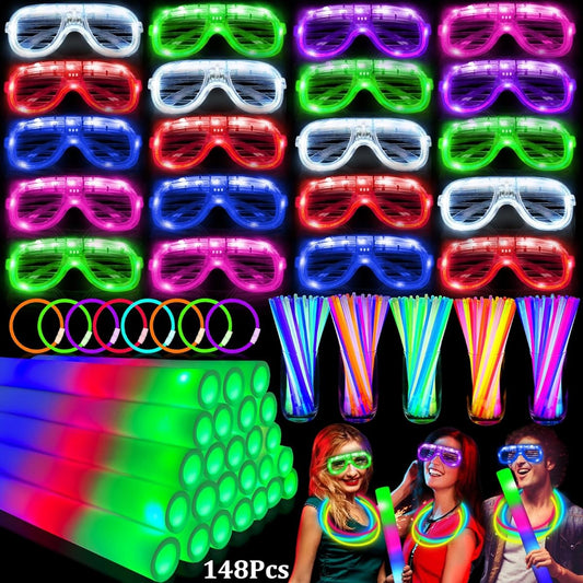 148pcs Glow in the Dark Party Supplies - 24pcs 16" Foam Glow Sticks, 24pcs LED Glasses, 100pcs Glow Stick Necklaces, Bracelets Light Up Party Favors for Halloween, Wedding, Birthday, Concert, Carnival