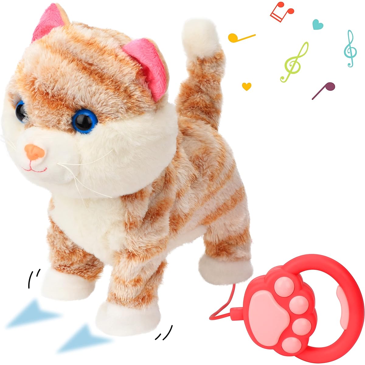 Cuteoy Electric Musical Yellow Kitty Toy Remote Control Walking Nodding Pet Cat Stuffed Animal Meow Wagtail Plush Interactive Gift for Kids, 9.5 Inch