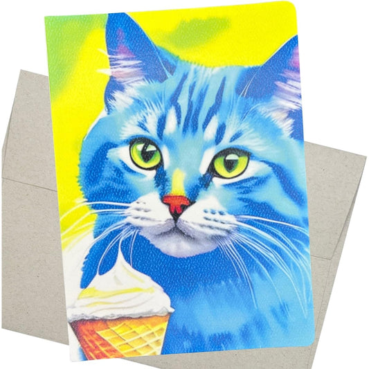 Artistic Ice Cream Cat Greeting Card with Envelope (5 x 7 inches, blank inside) Colorful and Bright for Birthday, Anniversary, Wedding, Friendship, Dog Groomer, Veterinarian (Cat Ice Cream)