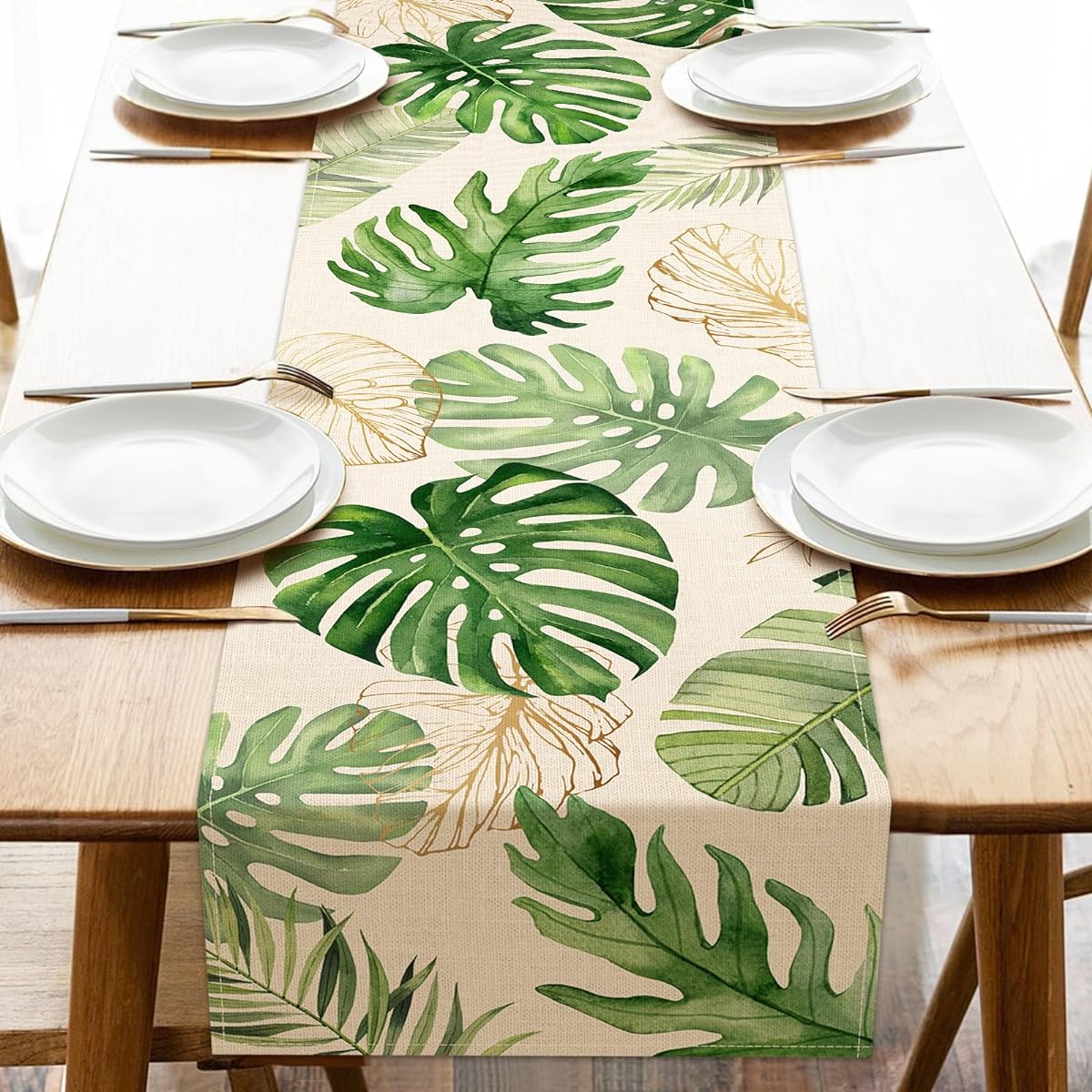 Seliem Summer Palm Leaves Tropical Green Table Runner Monstera Home Kitchen Dining Botanical Decor Spring Seasonal Decor Indoor Outdoor Hawaii Luau Anniversary Party Supplies 13 x 72 Inch