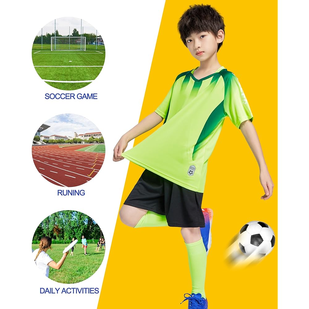 [LUCKYLUAN] Kids Soccer Wear Jersey 3 Piece Set with Socks Children Print Boys Training Top and Bottom Set Socks Short Sleeve Shorts Pants Breathable Quick Dry English Letters