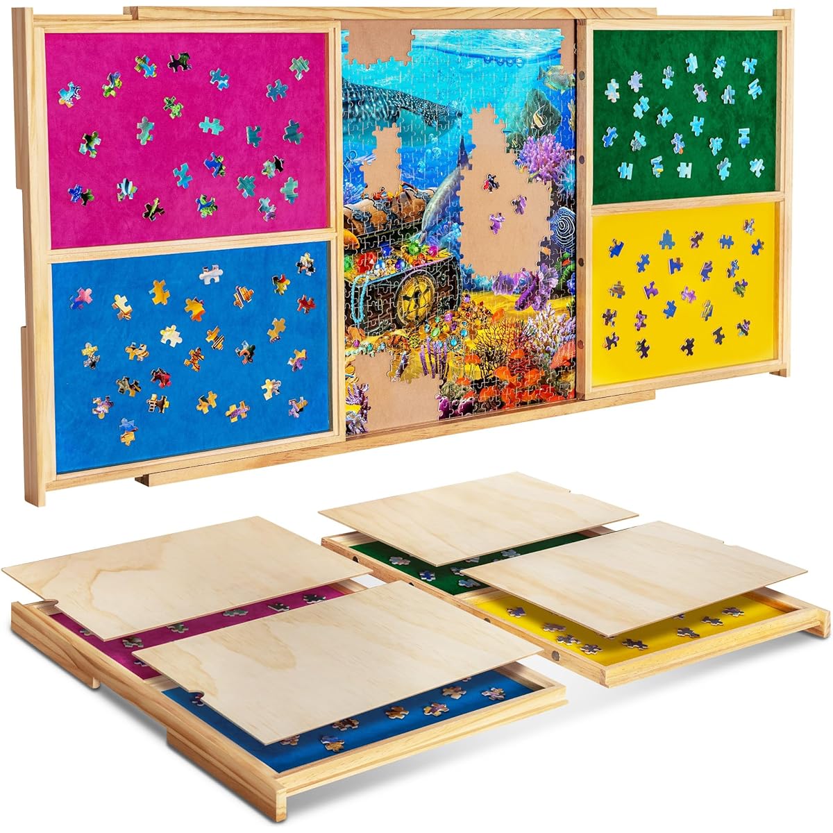 Becko US Portable Puzzle Board with 4 Sorting Drawers & Cover Board, Wooden Jigsaw Puzzle Table, Smooth Flannel Top & Groove Handle, Easy to Move, For 1000 Piece Jigsaw Puzzles