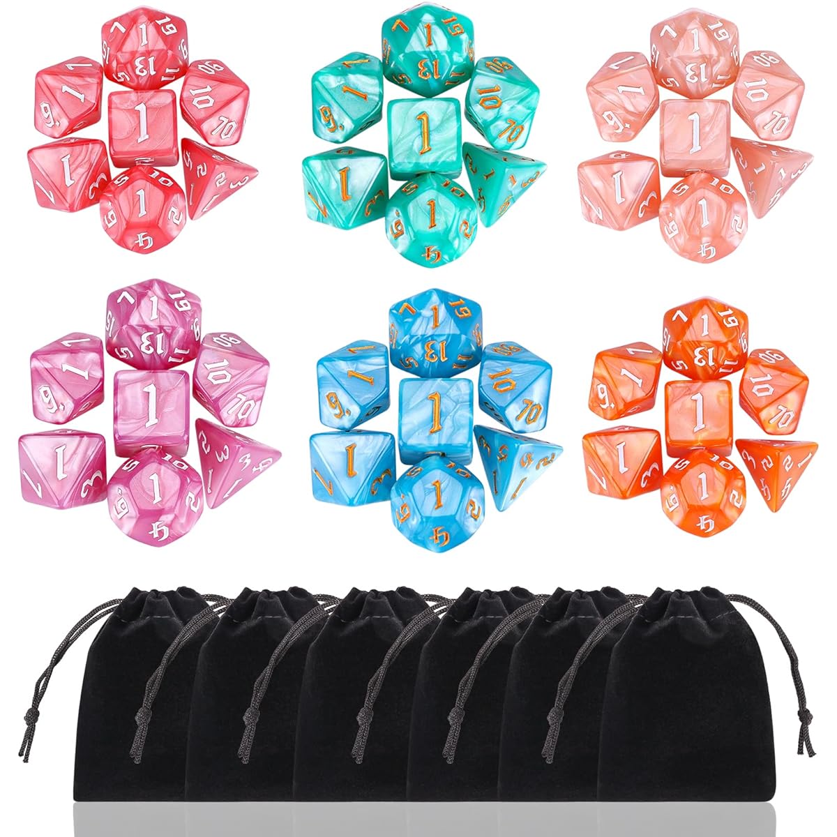 DND Dice Surhugvy 6 x 7 (42pcs) Polyhedral Dice Set Dungeons & Dragons DND RPG MTG Tabletop Game with 6 Black Bags
