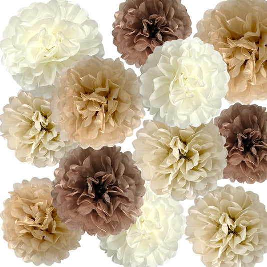 ANSOMO Khaki and Brown Tissue Paper Pom Poms Caramel Party Decorations Ivory Beige Cream Earth Tones Boho Champagne Tan Flower Wall Hanging Decor Supplies Rustic Neutral Birthday Baby Shower Wedding