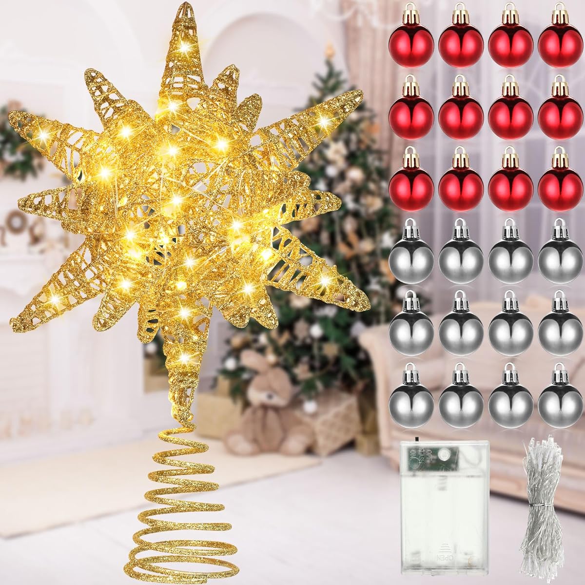 Poen 4Pcs 3D Christmas Tree Topper with LED Lights and Mini Christmas Hanging Ball Ornaments Gold Hollow Out Twinkling Christmas Star Battery Operated Tree Topper Tree Top Decoration Red Silver