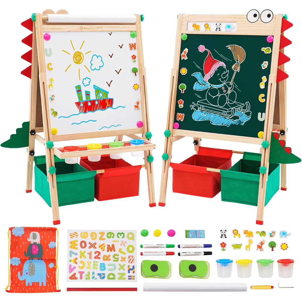 Kids Easel with Paper Roll, 48" Double-Sided Whiteboard & Chalkboard Standing Easel with Numbers and Other Accessories for Boys and Girls