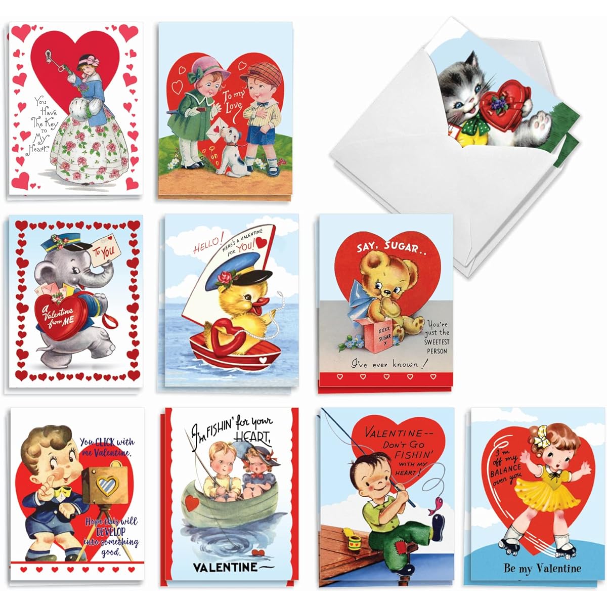 The Best Card Company Vintage Kids - 20 Boxed Valentine's Day Note Cards with Envelopes (4 x 5.12 inches) - AM8987VDG-B2x10
