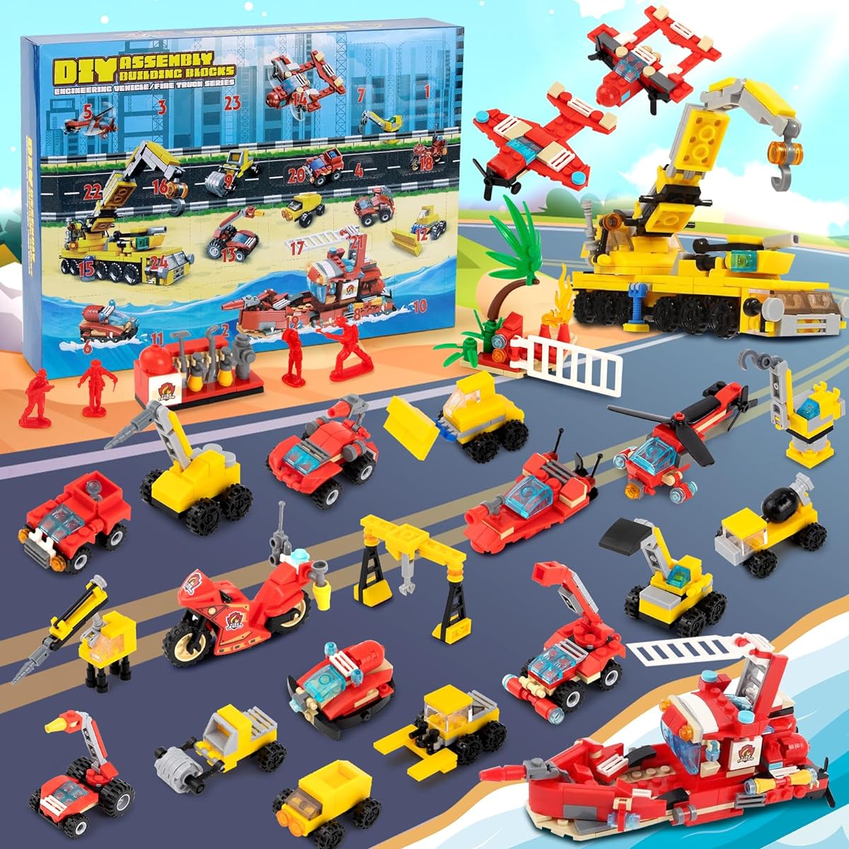 Maylai Christmas Advent Calendar 2023 for Kids 24 Day Countdown Different Construction Vehicles Fire Truck 12 in 1 Building Blocks Toy Advent Calendar for Boys Girls Toddlers Teens