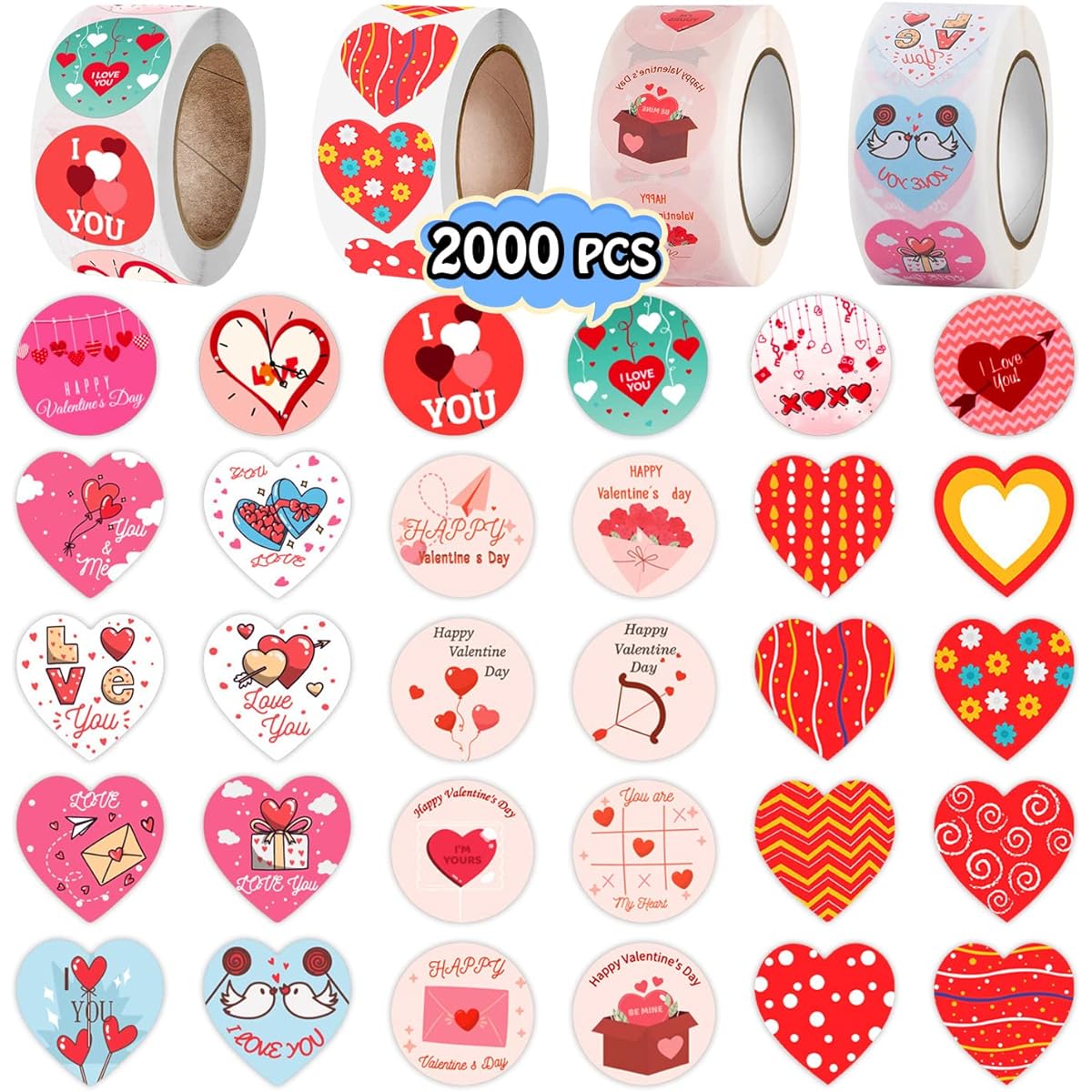 Partywind Valentine's Day Stickers Bulk 2000pcs Red Heart Love Stickers for Valentine Decorations, Kids Classroom Gifts, Valentine Goodie Bags, Party Supplies and Favors