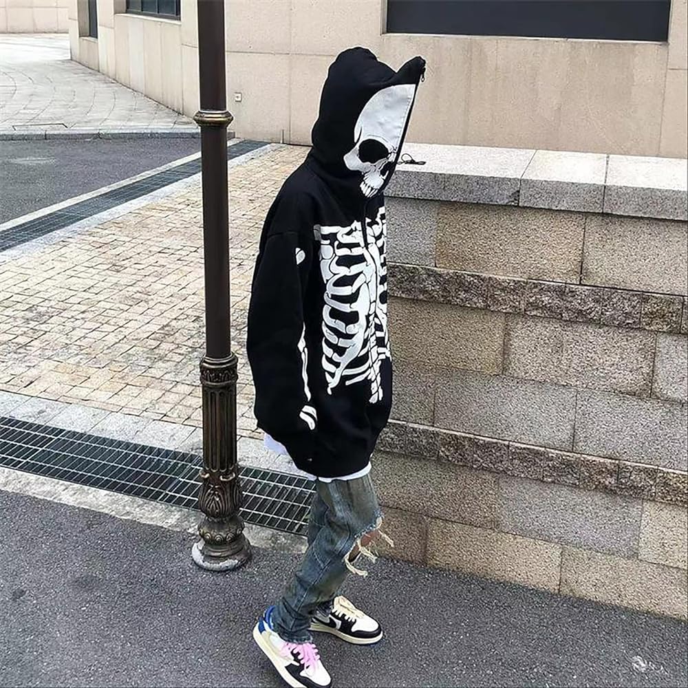[TOWYYO] Funny Skull Print Hoodie, Hooded, Zip Up Hoodie, Long Sleeve, Cute, Women's, Men's, Unisex, Fashion, Spring, Autumn, Winter