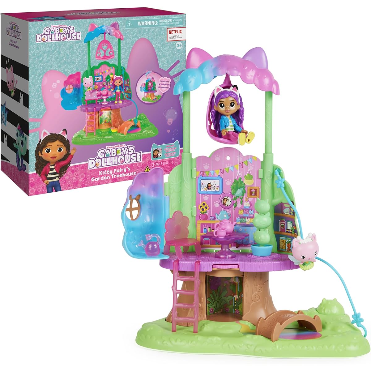 Gabby's Dollhouse, Transforming Garden Treehouse Playset with Lights, 2 Figures, 5 Accessories, 1 Delivery, 3 Furniture, Kids Toys, Ages 3+