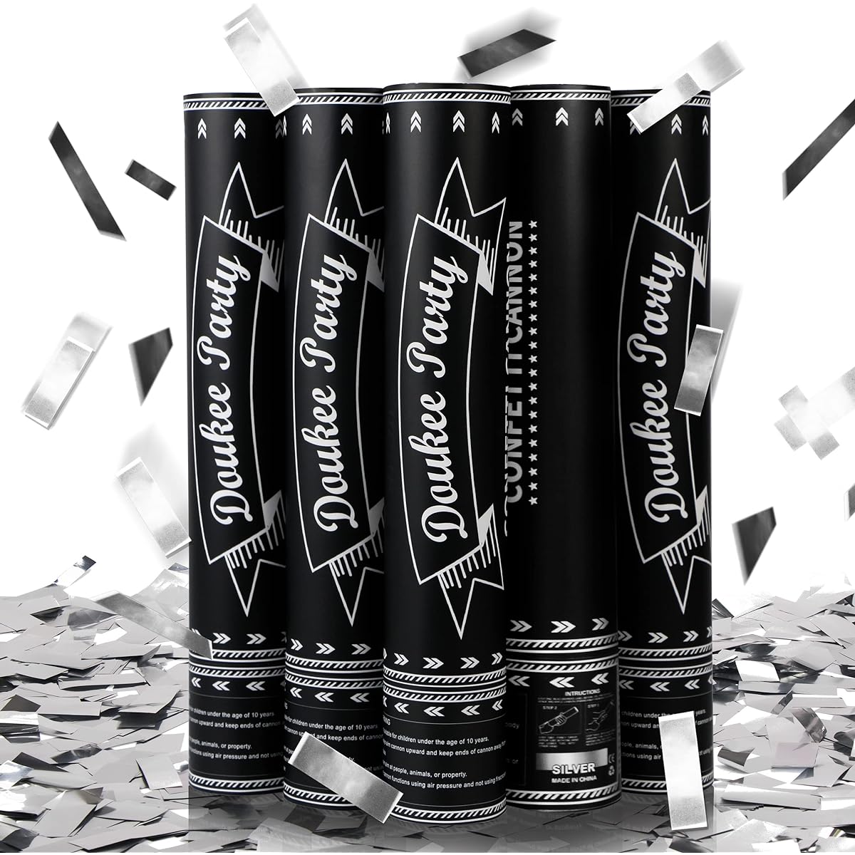 DOUKEE Silver Confetti Cannon, 30.4cm Metallic Silver Confetti Party Poppers Set of 5 Perfect for Birthdays, Holidays, Graduation Parties