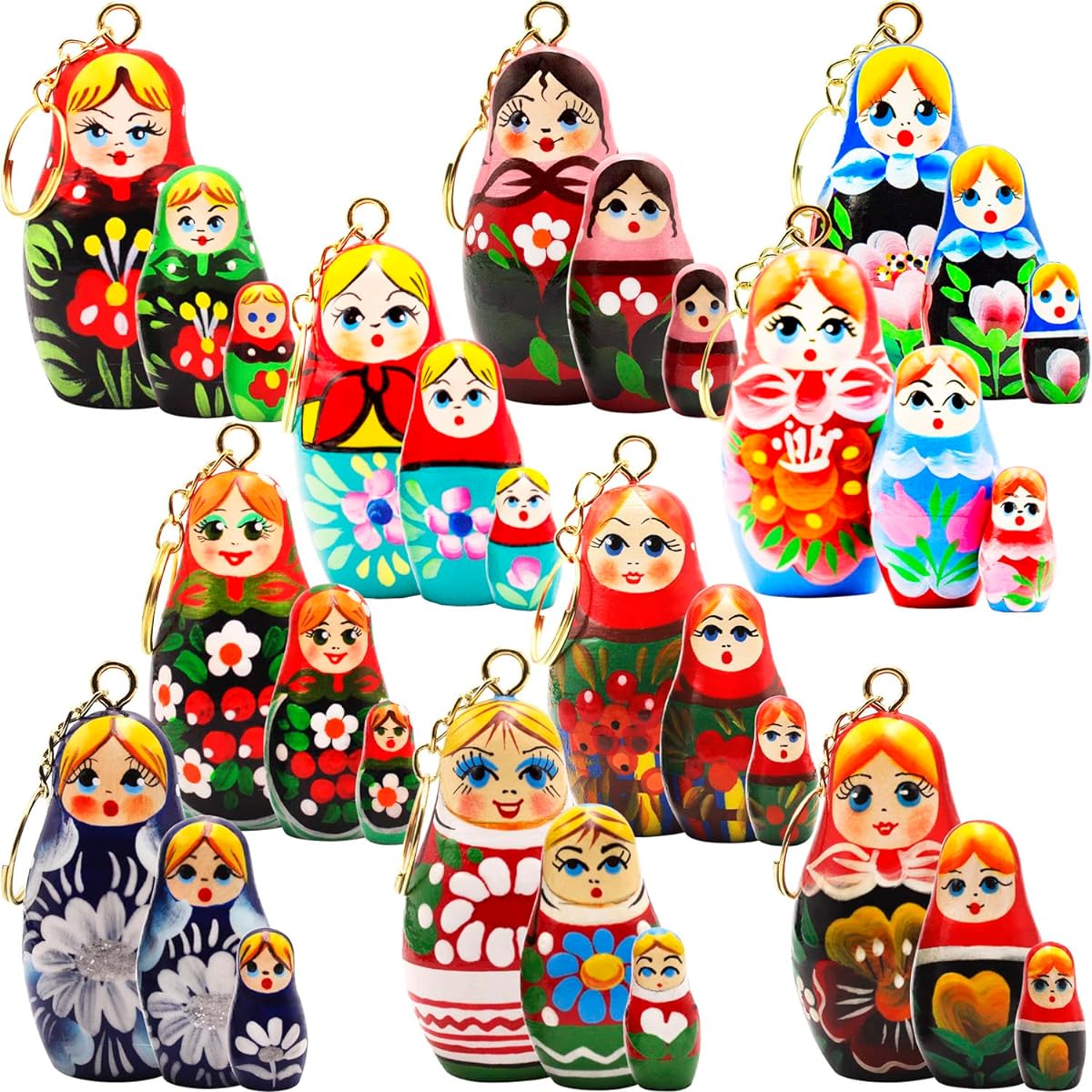 AEVVV Matryoshka Nesting Doll Keychain Set of 10 Pieces - Russian Doll Souvenir Keyring - Traditional Nesting Doll Keychain - Matryoshka Keychain for Girls