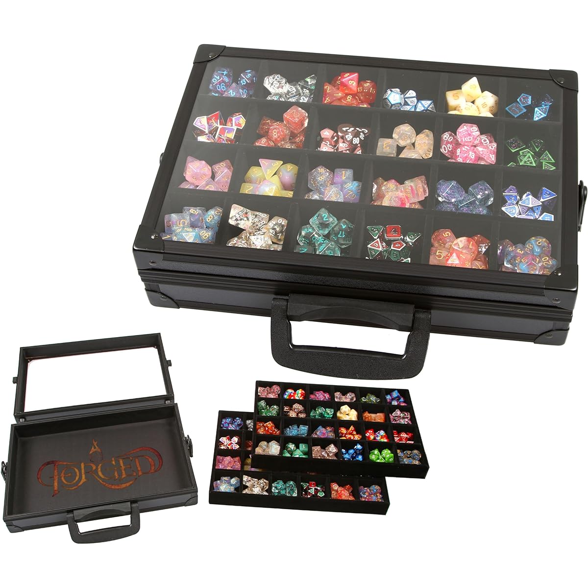 Forged Dice Co. Dice Display Case and Rolling Tray with 2 Removable Divided Dice Trays - Storage Box Holds up to 480 Metal or Plastic Polyhedral Dice Sets - Perfect for Dice Collectors or RPG D&D Games