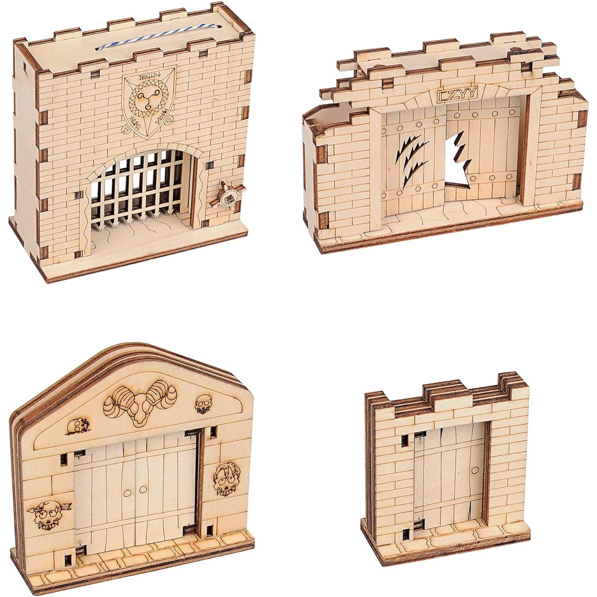 Dungeon Doors & Portcullis Gates Miniatures (Set of 4) Wood Laser Cut Opening Fantasy Terrain 28mm Scale for Dungeons & Dragons Pathfinder D&D and Other Tabletop RPGs