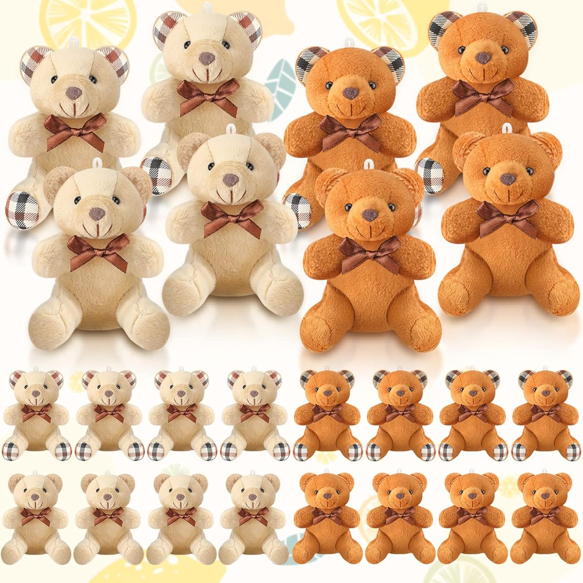 HyDren 24pcs Small Bear Stuffed Animals 4" Bear Keychains Miniature Bear Favors Mini Jointed Bear Soft Small Bear Dolls for Baby Shower Birthday Party Wedding Decorations (Light Brown, Dark Brown)