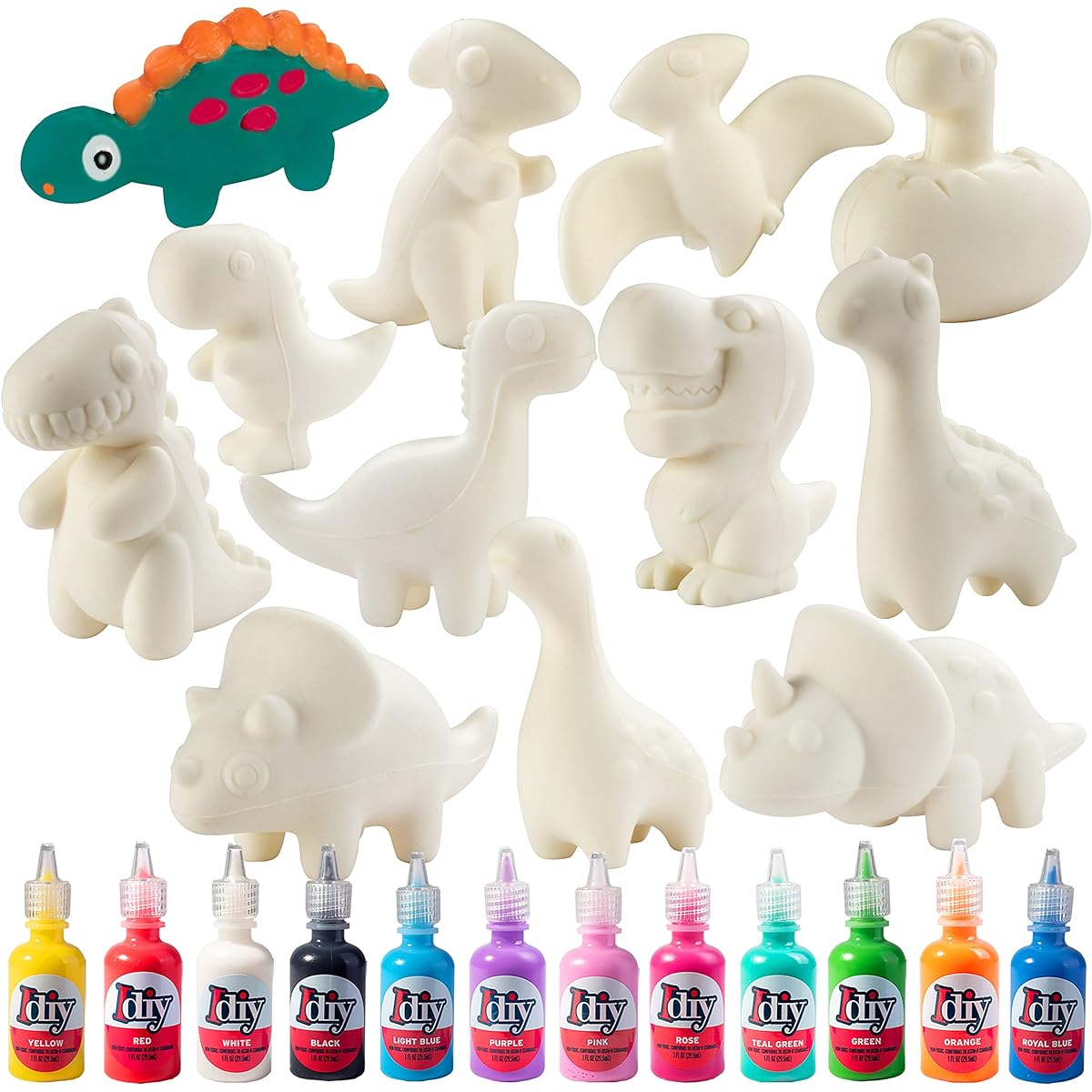 Jumbo Party Craft Kit Dinosaur Squishies (12 Unique Dinosaurs and 12 Fabric Paintings) - White Kawaii Scented Slow Rise Squishy Toys Scented Stress Relief Crafts Kids School Birthday Activity Gifts (4-6 Inches Each)