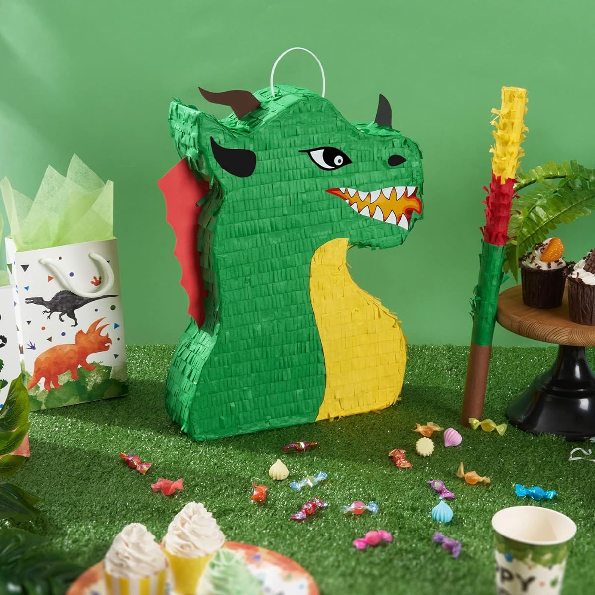 WERNNSAI Dragon Pinata - Dinosaur Party Supplies, Dinosaur Pinata Bundle with Blindfold and Sticks for Boys/Kids Dragon Theme Birthday Party Game Decorations (15.5" x 10" x 3")