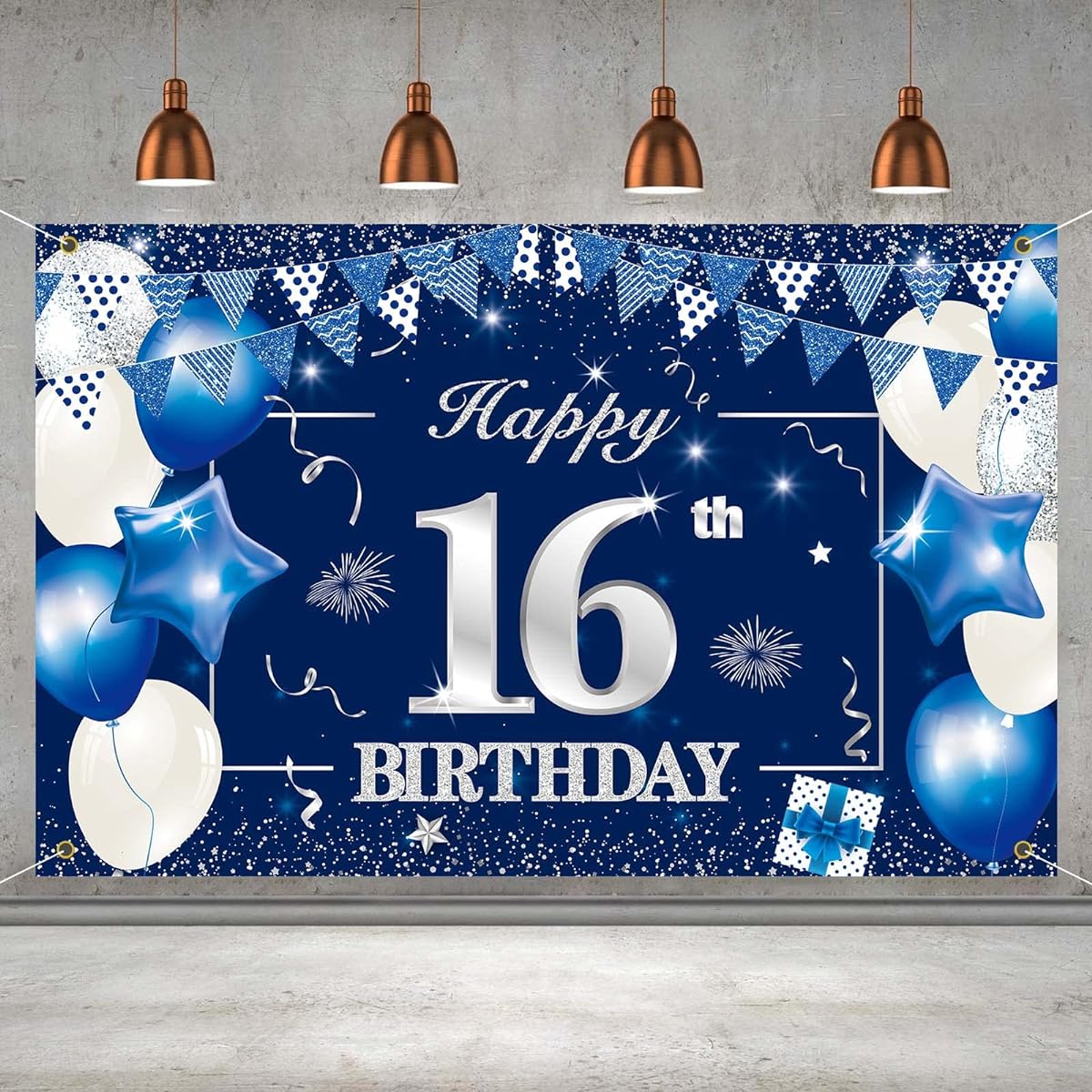 P.G Collin Happy 16th Birthday Banner Backdrop Sign Background, 16th Birthday Party Decorations Supplies for Boys/Girls 6 x 4ft Blue Silver