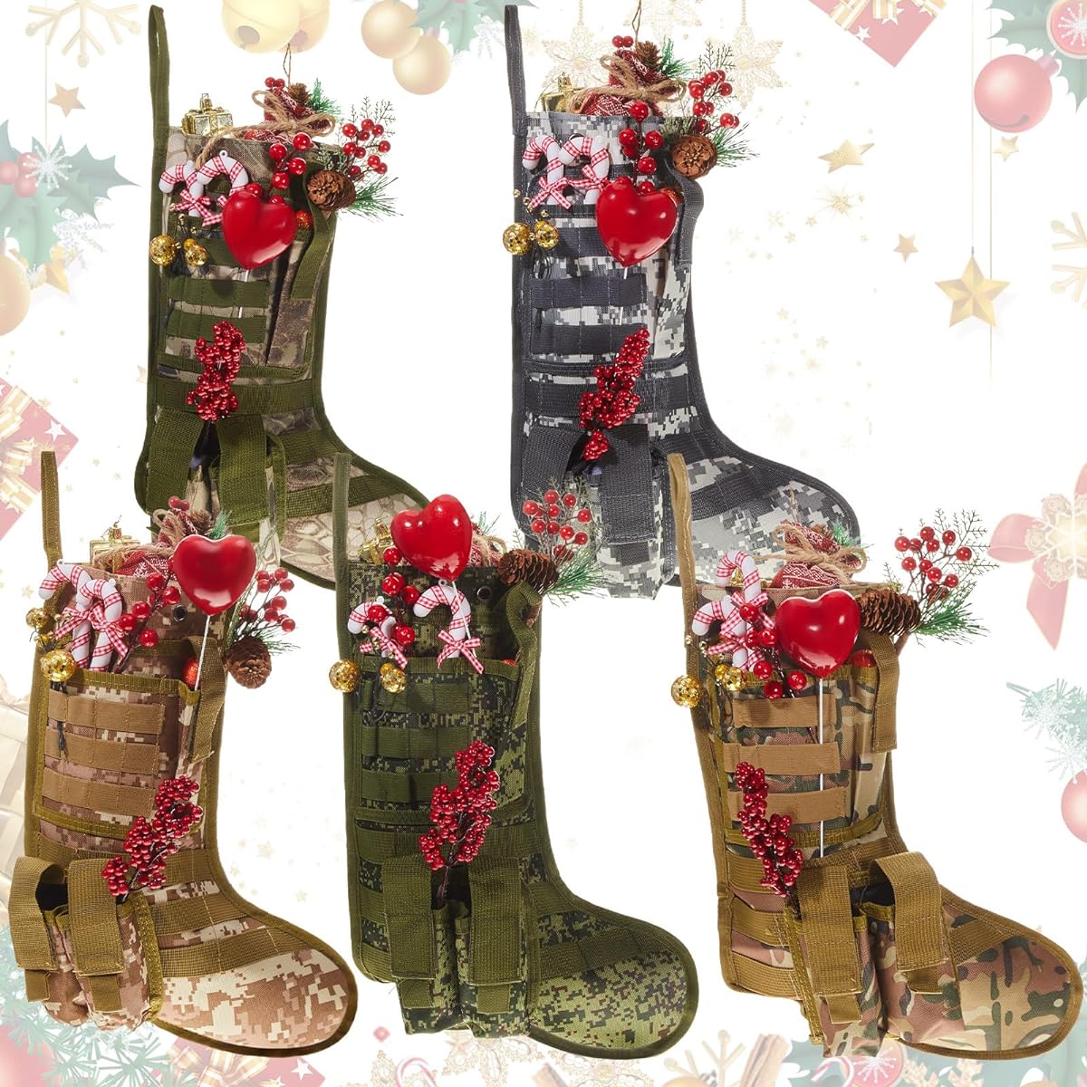 Tactical Christmas Stockings Military Christmas Stocking Bag Camouflage Tactical Stockings Men Boys Christmas Stockings Tree Hanging Christmas Ornaments Gear Pouch for Veterans Soldiers Recruits