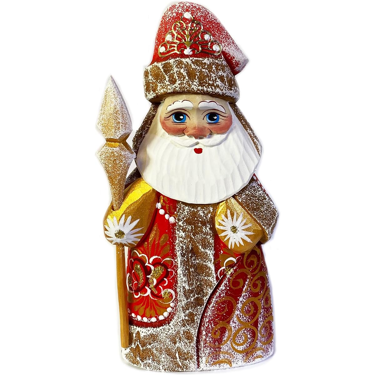 Russian Hand Painted and Carved Santa Claus Figurine Holding a Tree 6 Inch Red Christmas Decoration