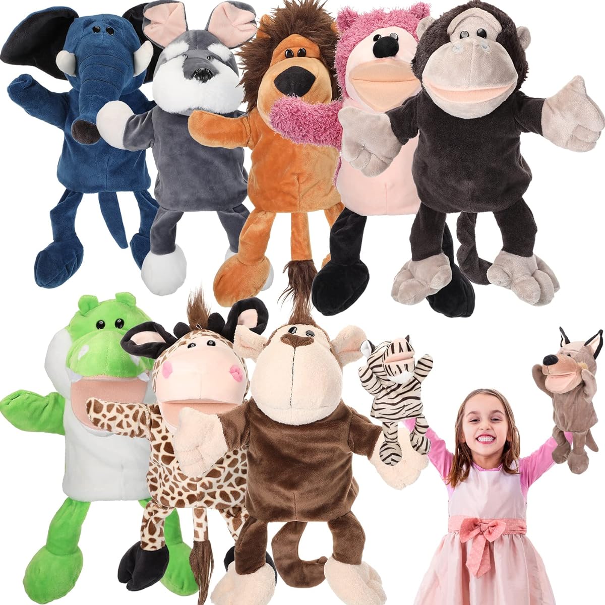 Wettarn 10PCS Animal Hand Puppets 12" Soft Plush Stuffed Animals Lion Orangutan Giraffe Tiger Pig Elephant Hand Puppets for Boys Girls for Storytelling Education Role Playing (Lovely Style)