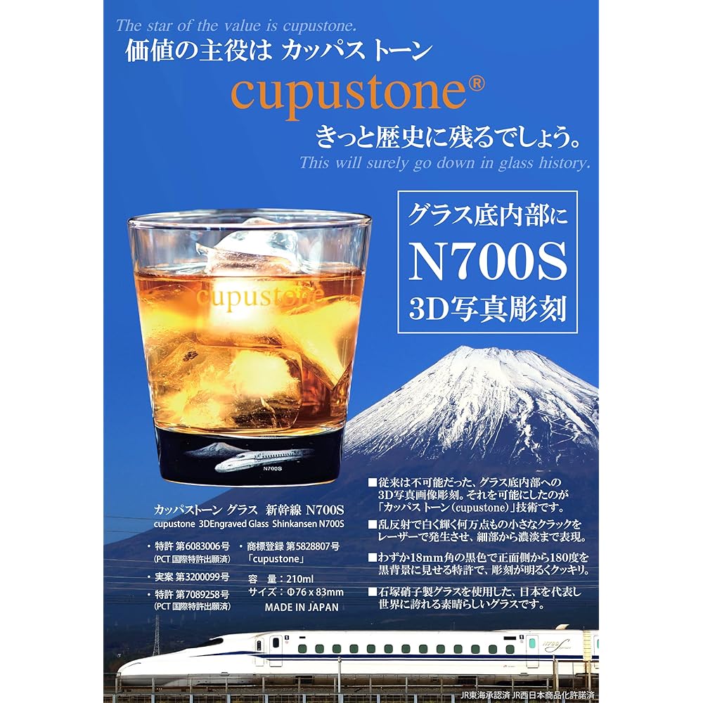 Shinkansen N700S Kappa Stone Glass Clear 3D photo glass visible from the side [3D internal engraving/Patent No. 6083006 Image clear black background/Patent No. 7089258 Made in Japan Gift Anniversary World's first! (2 pieces included)