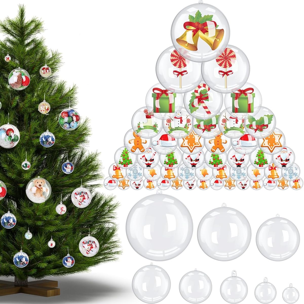Wettarn Christmas Clear Plastic Fillable Ornament Balls, Bulk Transparent Balls for DIY Crafts/Christmas Tree Decorations, Holiday/Wedding/Party/Home Decorations (200pcs 30/40/50/60/70/80/100/120mm)