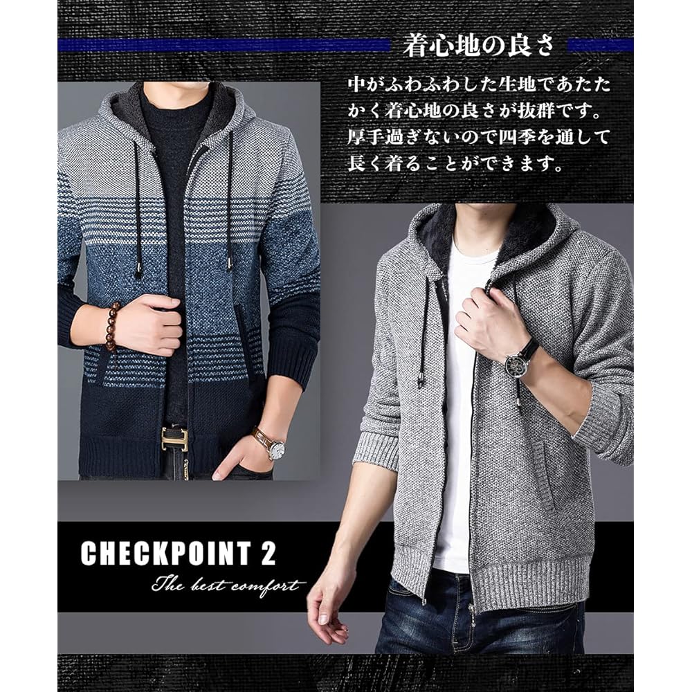 [Ganata] 2 Designs 8 Colors Tri Color Zip Up Knit Sweater Hooded Autumn/Winter Casual Cardigan Border