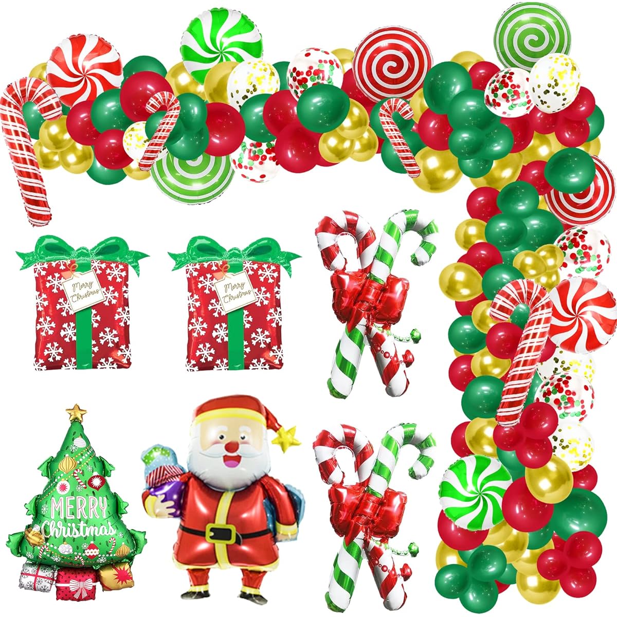 Christmas Balloon Garland Arch Kit Red Green Gold Confetti Balloons Candy Mylar Balloon Santa Claus Mylar Balloon Christmas Holiday Candy Theme Decorations Christmas Party Supplies (A)