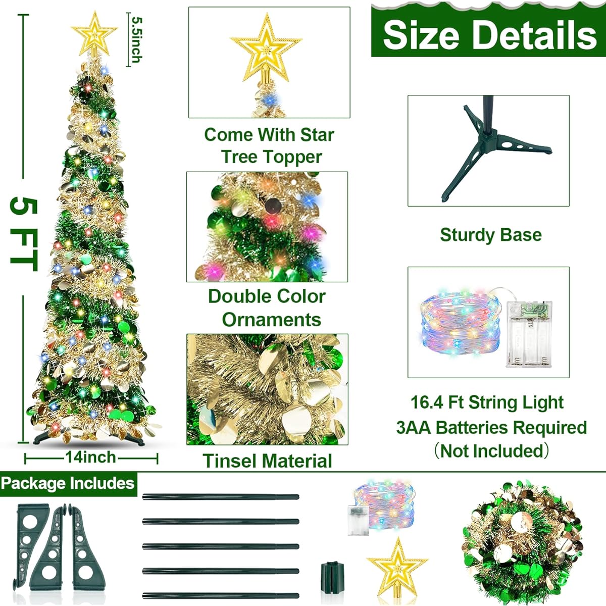 TURNMEON 5ft Tinsel Lighted Christmas Tree with Timer and 50 Color Lights - Golden