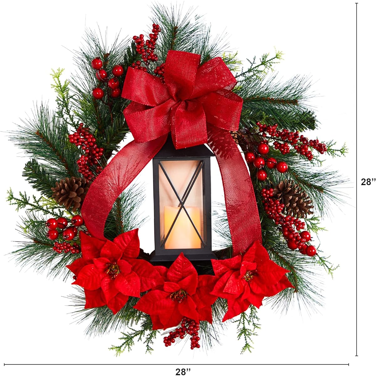 NearlyNatural 28" Poinsettia and Berry Holiday Lantern Christmas Wreath with LED Candle
