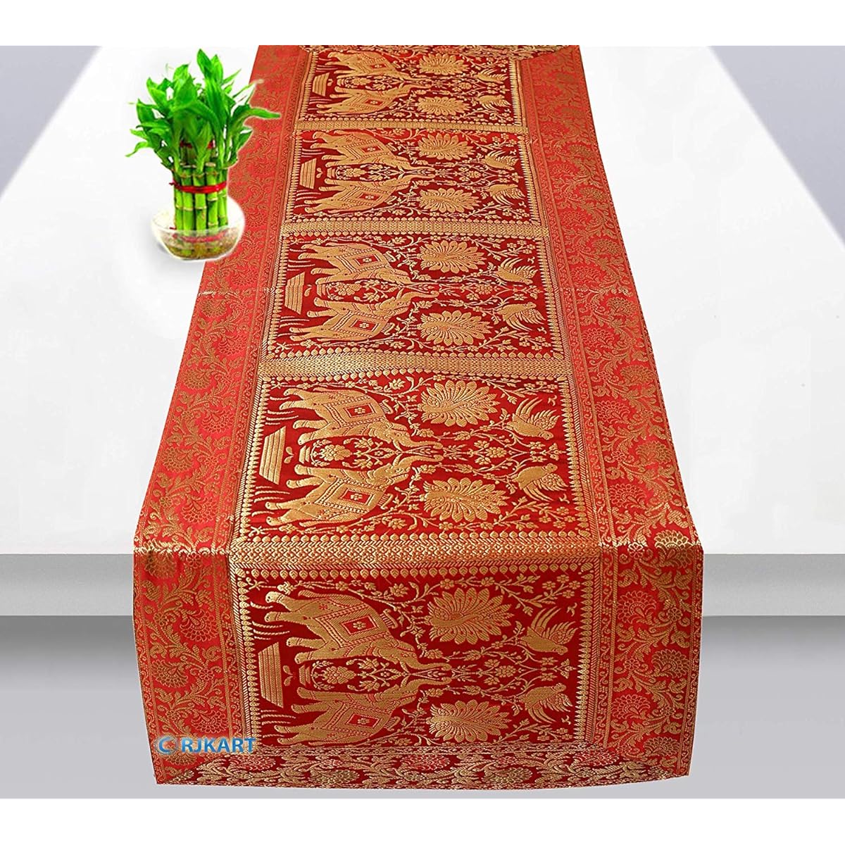 Flyingasedgle Indian Rectangle Hand Art Elephant Banarsi Silk Table Runner 60 x 16 Inch Color Tablecloth (Red)