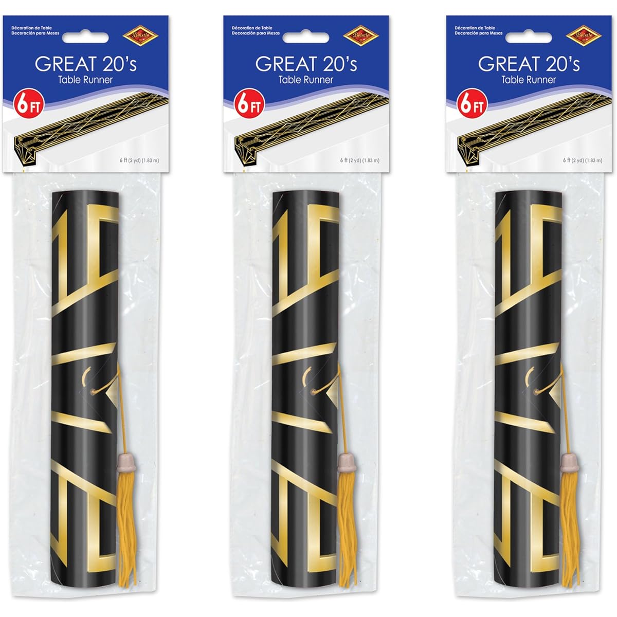 Beistle 59907 3 Piece Printed Great 20s Table Runner, Black/Gold, 11" x 6'