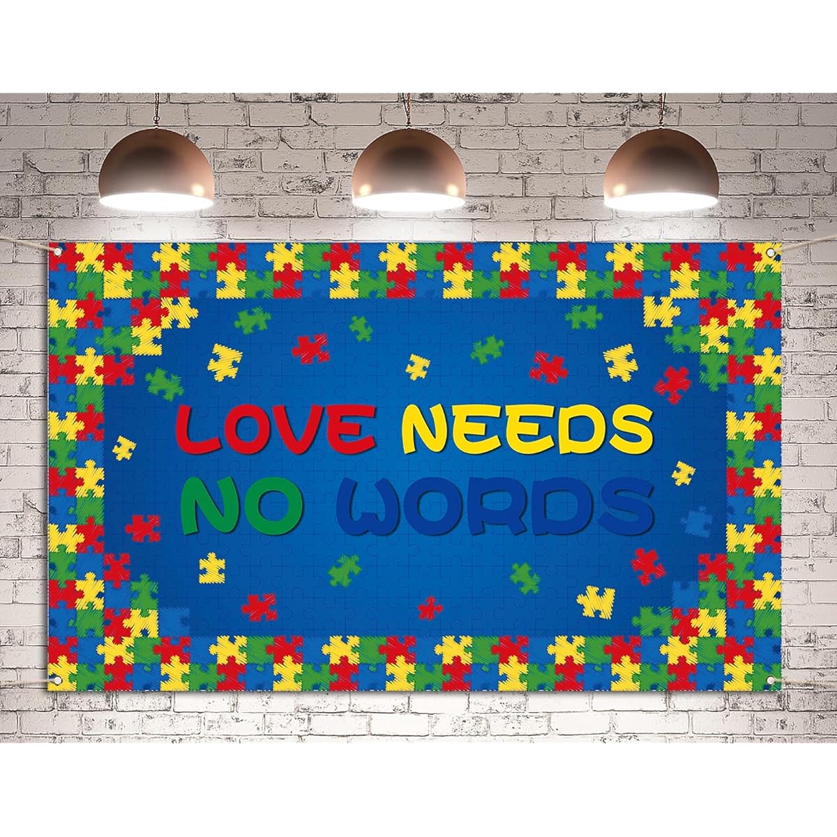 Love Needs No Words Background Banner Autism Awareness Puzzle Pieces April Photo Backdrop Wall Hanging Decor