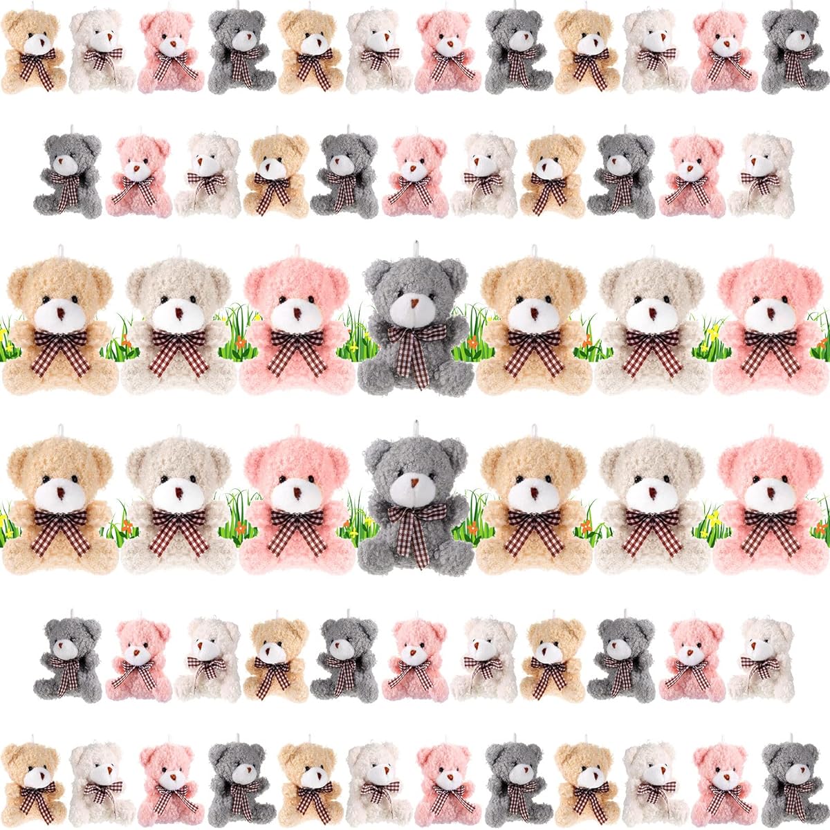 60 Pieces Mini Plush Bear Toys Bulk Soft Small Stuffed Animals Bunny Dolls Tiny Bears Animal Toys DIY Keychain Gifts Thanksgiving Birthday Wedding Party Favors 3.2 Inch (Yellow White Pink Gray Bear)
