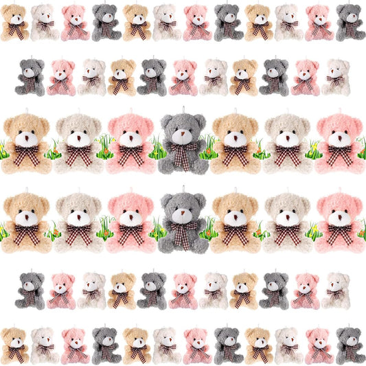 60 Pieces Mini Plush Bear Toys Bulk Soft Small Stuffed Animals Bunny Dolls Tiny Bears Animal Toys DIY Keychain Gifts Thanksgiving Birthday Wedding Party Favors 3.2 Inch (Yellow White Pink Gray Bear)