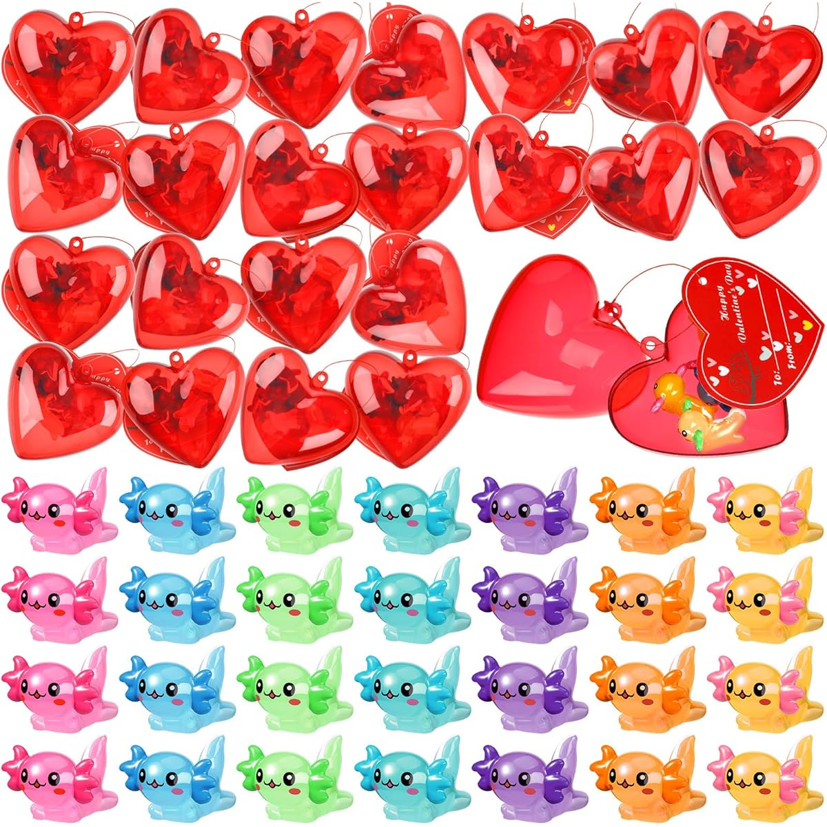 Syhood 28 Pack Valentine's Day Heart Squishy Axolotl with Valentine Card Cute Stress Relief Resin Animal Axolotl for Kids Valentine's Party Favors School Games Prizes Class Gift Exchange