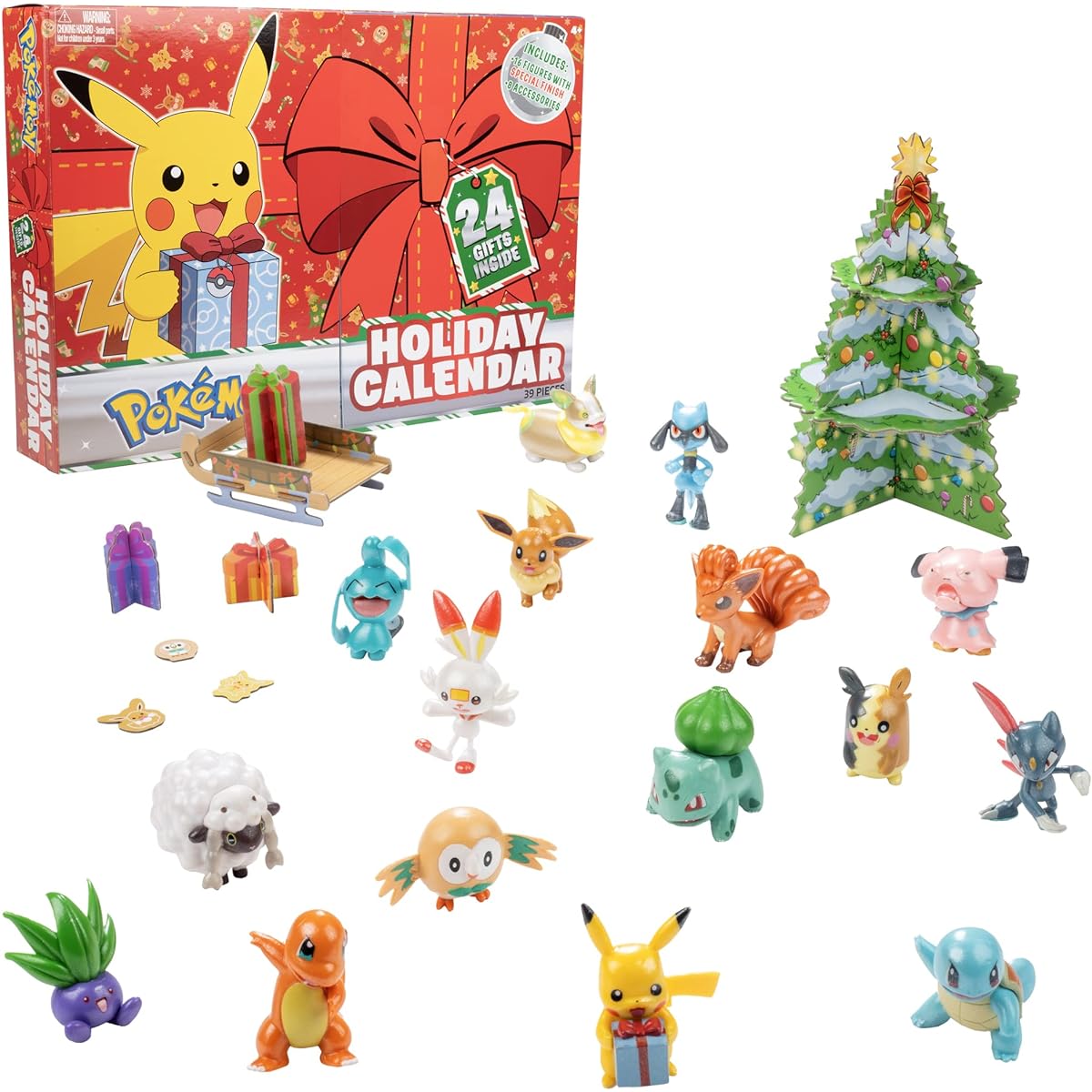 Pokemon 2024 Holiday Advent Calendar for Kids with 24 Gift Pieces - Includes 16 Toy Character Figures and 8 Christmas Accessories - Ages 4 and Up.