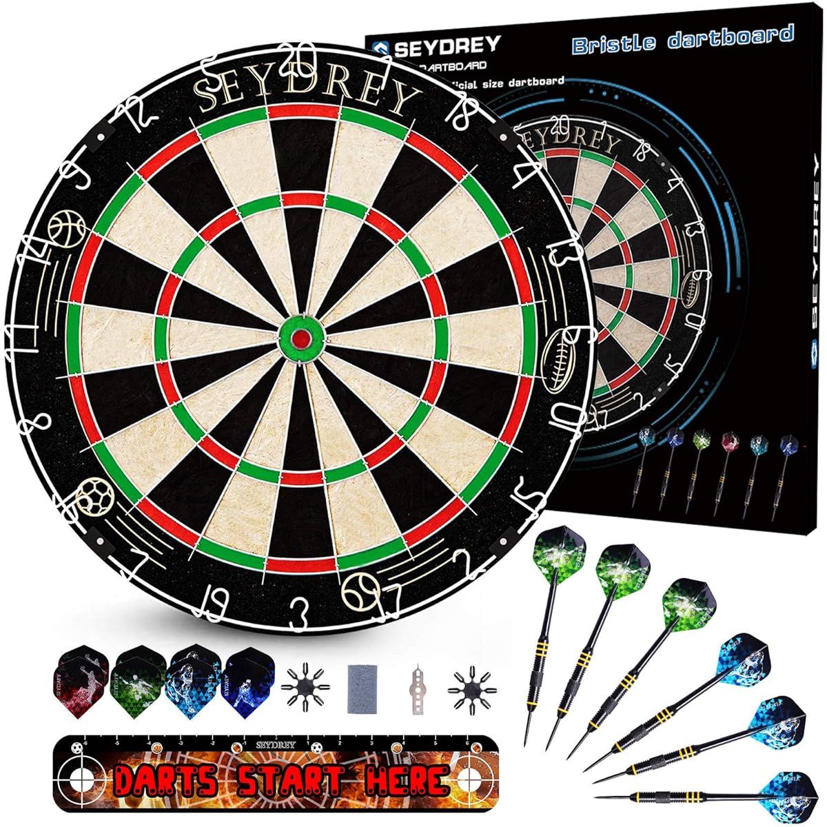 Dartboard Set Staple Free Bullseye Bristle Tournament Dartboard + 6 Steel Tip Darts + Dart Accessories (Classic)