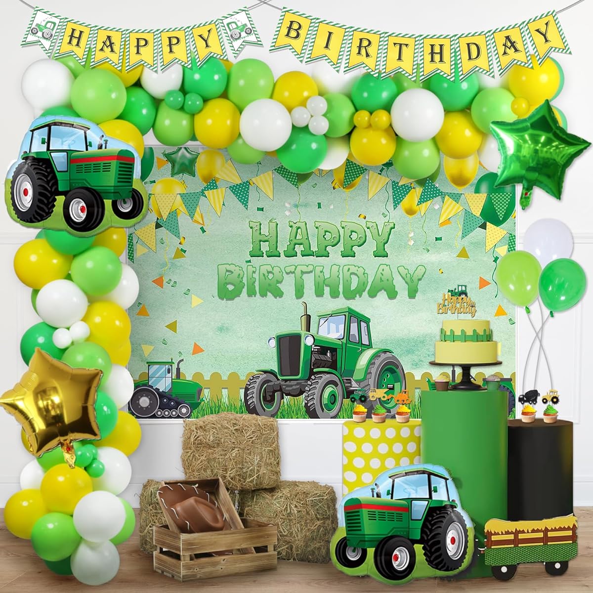 112 Pieces Tractor Birthday Party Decorations Hombae Farm Green Tractor Theme Birthday Decorations Backdrop Balloon Garland Arch Banner Cake Cupcake Topper Tractor Green Yellow