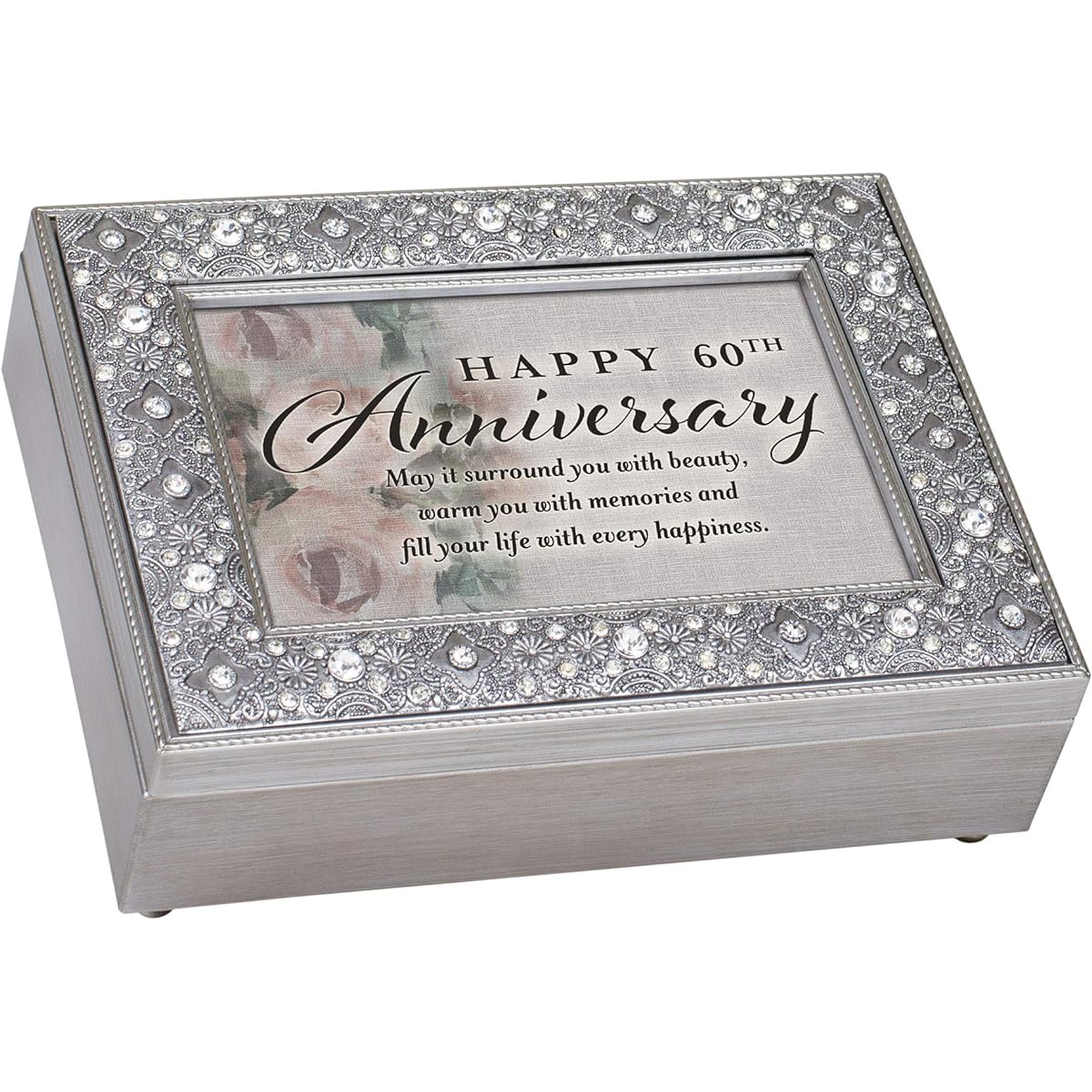 Cottage Garden Anniversary Brushed Pewter Finish Jeweled Music Box Playing Wonderful World 8x6 FM155GB