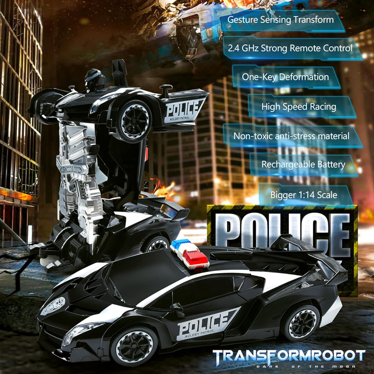 VillaCool Remote Control Robot Car 1:14 Scale Deformation Radio Controlled Police Car Gesture Sensing One Button Deformation & 360 Speed Drift Perfect Gift for Boys/Girls (Cool Black)